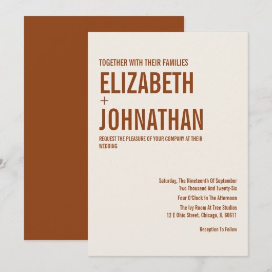 Invitation Simple Boho Terracotta Typographie Mariage Invitat (Devant / Derrière)