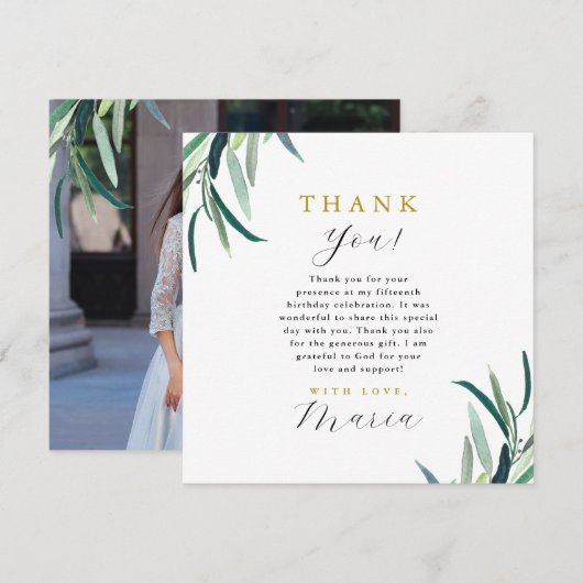 Invitation Simple Botanique 15ème anniversaire Merci photo (Devant / Derrière)