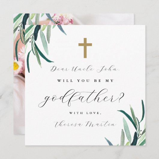 Invitation Simple Botanique Croix Parrain Proposition Photo (Devant / Derrière)