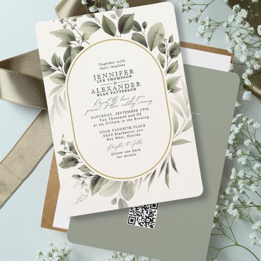 Invitation Simple Botanique RSVP QR Code Mariage vert ivoire