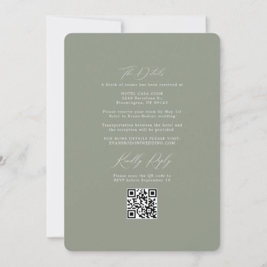 Invitation Simple Botanique RSVP QR Code Mariage vert ivoire (Dos)