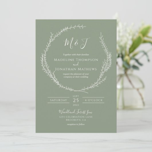 Invitation Simple Botanique Sage Vert Monogramme Mariage (Debout devant)