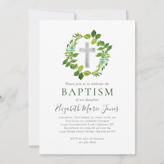 Invitation Simple Botanique Verdure Wreath Cross Baptême (Devant)