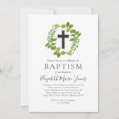 Invitation Simple Botanique Verdure Wreath Cross Baptême (Devant)