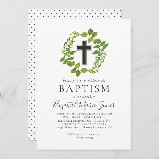 Invitation Simple Botanique Verdure Wreath Cross Baptême (Devant / Derrière)