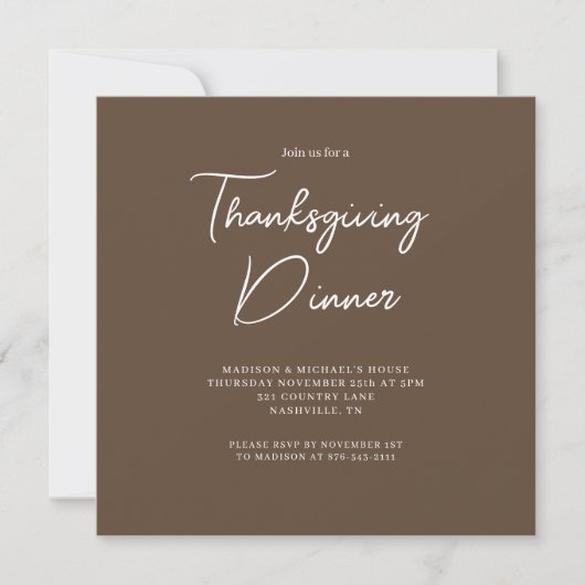 Invitation Simple Brown blanc chic Script Thanksgiving (Devant)