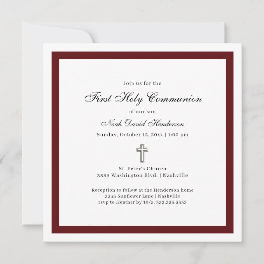 Invitation Simple Burgundy and White First Holy Communion (Devant)