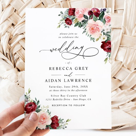 Invitation Simple Burgundy Blush Aquarelle Mariage Floral
