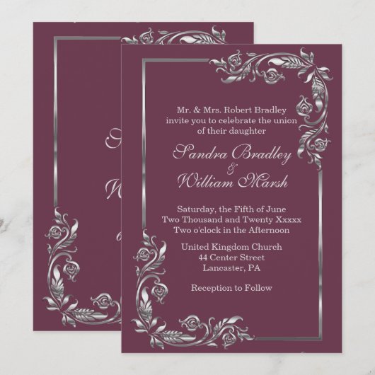 Invitation simple cadre argent plum (Devant / Derrière)