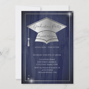 Invitation Simple cadre argenté de chapeau de diplômé, Bleu d
