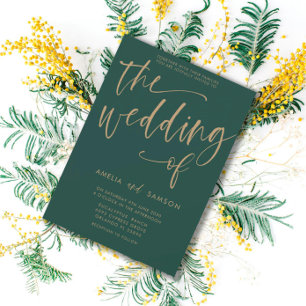 Invitation Simple calligraphie vert émeraude et or mariage