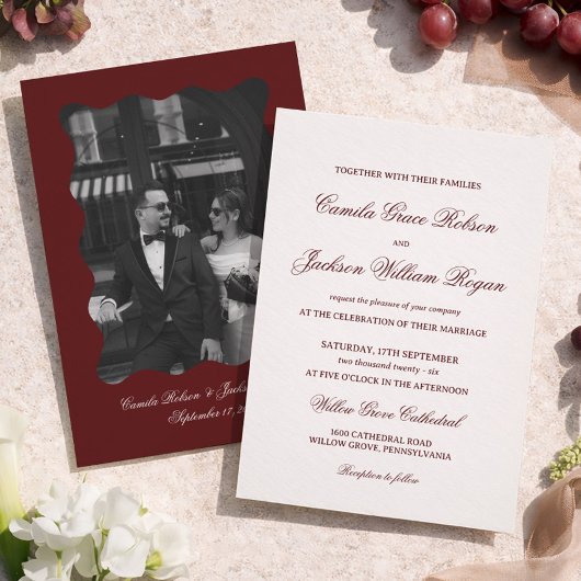 Invitation Simple Calligraphy Ivory and Burgundy Wedding 
