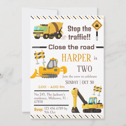 Invitation Simple camion de construction enfants mignon 2e an (Devant)