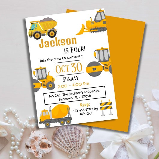 Invitation Simple camion de construction enfants mignonne 4e 