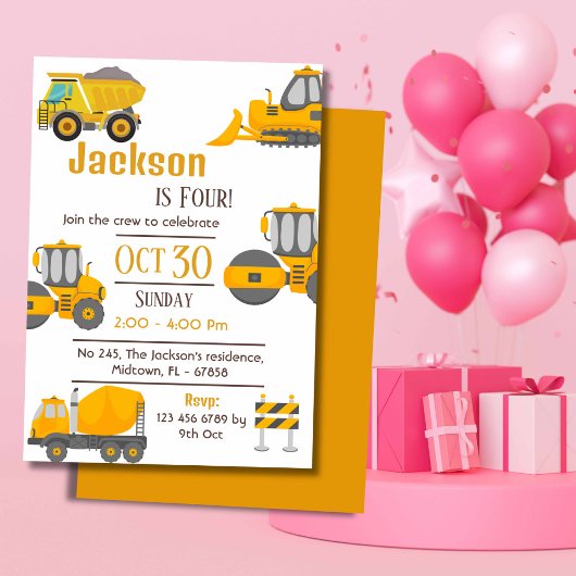 Invitation Simple camion de construction enfants mignonne 4e