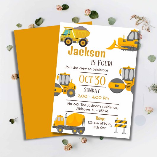 Invitation Simple camion de construction enfants mignonne 4e 