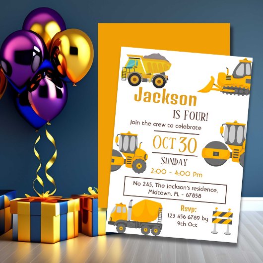 Invitation Simple camion de construction enfants mignonne 4e