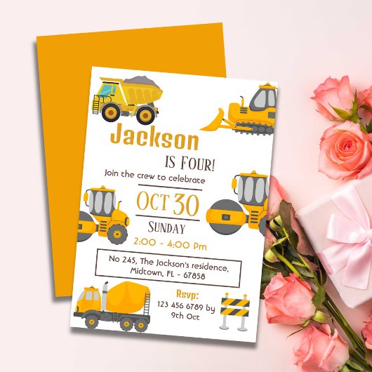 Invitation Simple camion de construction enfants mignonne 4e 
