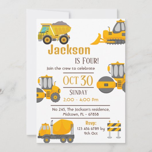 Invitation Simple camion de construction enfants mignonne 4e (Devant)