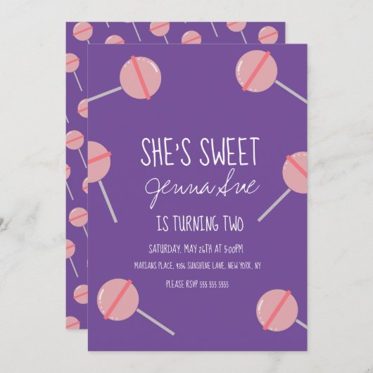 Invitation Simple Candy Lollipop fête d'anniversaire rose (Devant / Derrière)