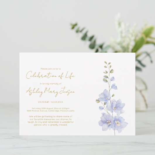 Invitation Simple célébration de la vie de Delphinium (Debout devant)