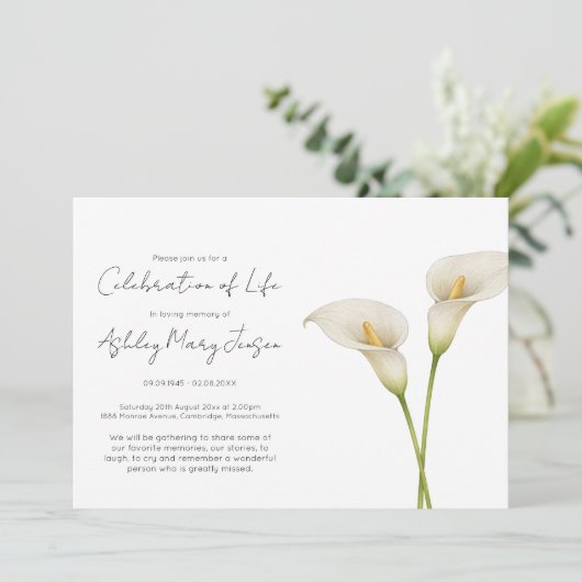 Invitation Simple Célébration de la Vie de Lys Calla Funérail (Debout devant)
