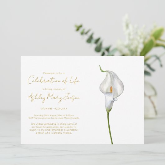 Invitation Simple Célébration de la Vie de Lys Calla Funérail (Debout devant)