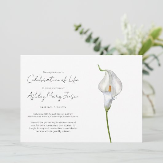 Invitation Simple Célébration de la Vie de Lys Calla Funérail (Debout devant)
