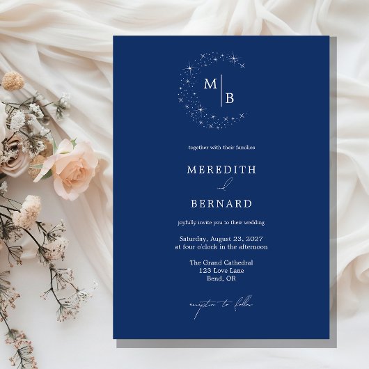 Invitation Simple Céleste Élégant Monogramme Mariage Bleu