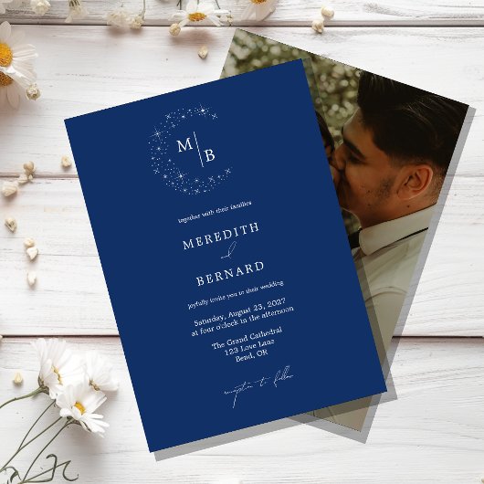 Invitation Simple Céleste Élégant Monogramme Photo de Mariage