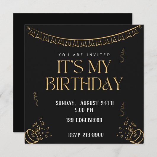 Invitation Simple C'est mon anniversaire | Or sur Noir Annive (Devant / Derrière)