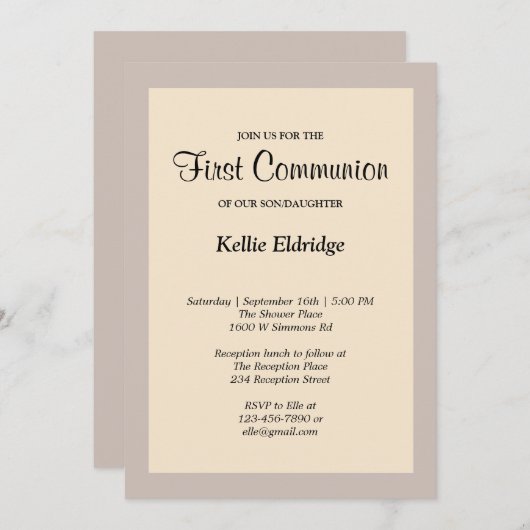Invitation Simple Champagne Cadre Première communion Invitati (Devant / Derrière)
