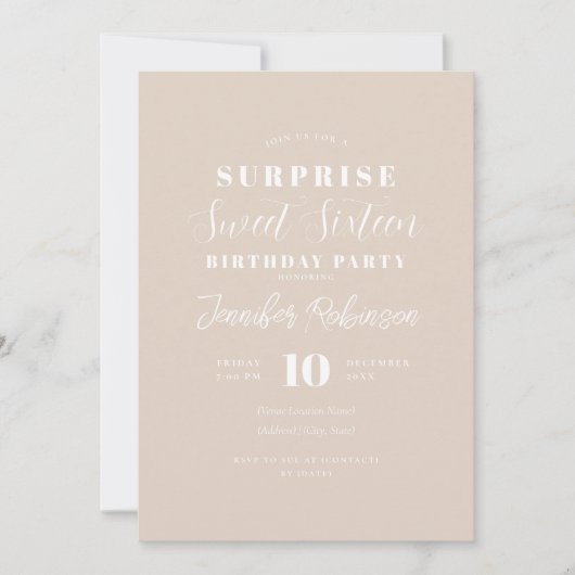 Invitation Simple Champagne Photo SURPRISE Sweet 16 (Devant)