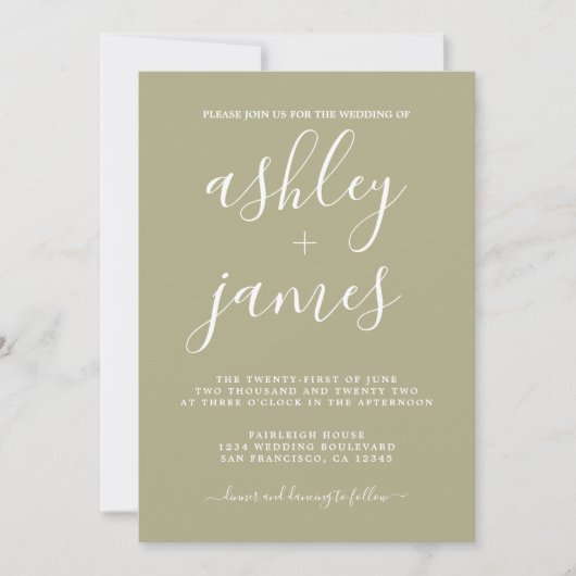 Invitation Simple Chic Calligraphie Sage Green Mariage (Devant)
