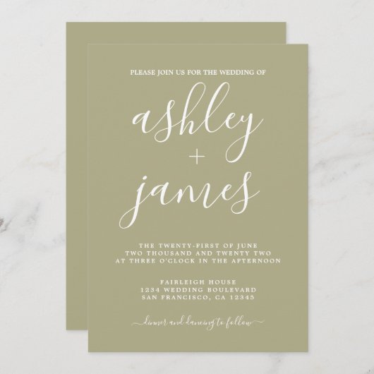 Invitation Simple Chic Calligraphie Sage Green Mariage (Devant / Derrière)
