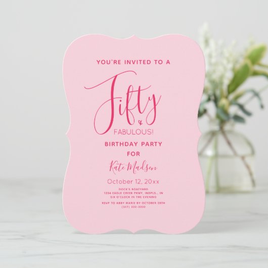 Invitation Simple Chic Cinquante & FABULE ! Anniversaire rose (Debout devant)