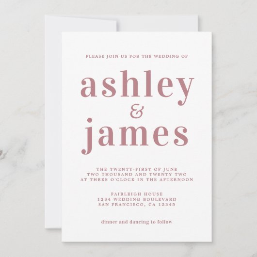 Invitation Simple chic Dusty Rose Mariage de typographie (Devant)