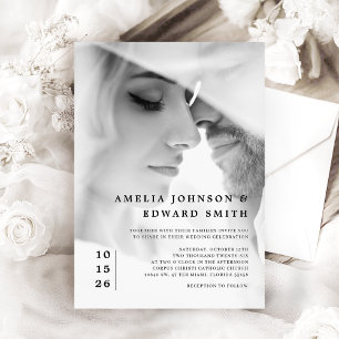 Invitation Simple Chic Elegant Black White Photo Mariage