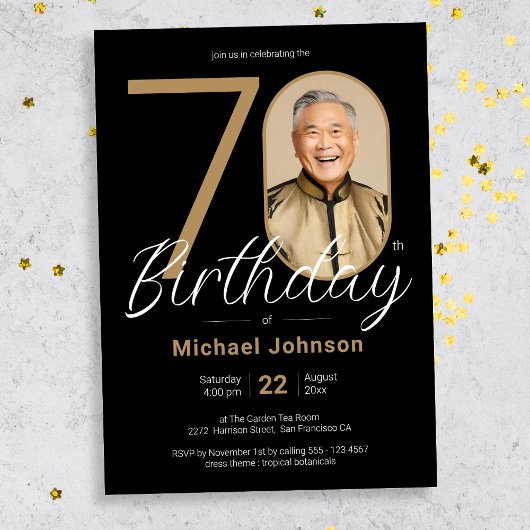 Invitation Simple Chic Gold Black Photo 70e anniversaire