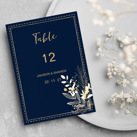 Invitation Simple chic marine bleu or floral chiffres de tabl