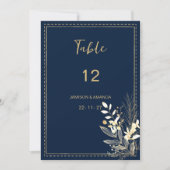 Invitation Simple chic marine bleu or floral chiffres de tabl (Devant)