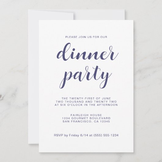 Invitation Simple Chic Navy Blue Script Dinner Party (Devant)