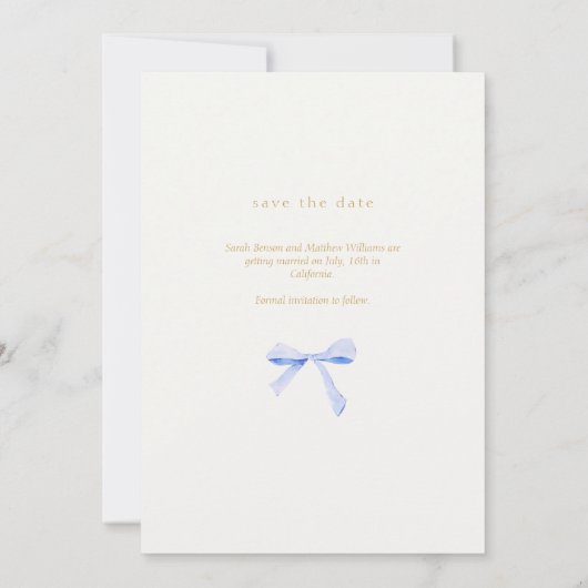 Invitation Simple Chic Ruban Bleu | Blanc cassé Save the Date (Dos)