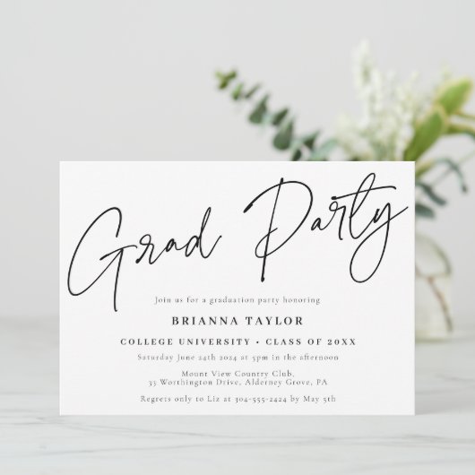 Invitation Simple Chic Script Black White Graduation Party (Debout devant)