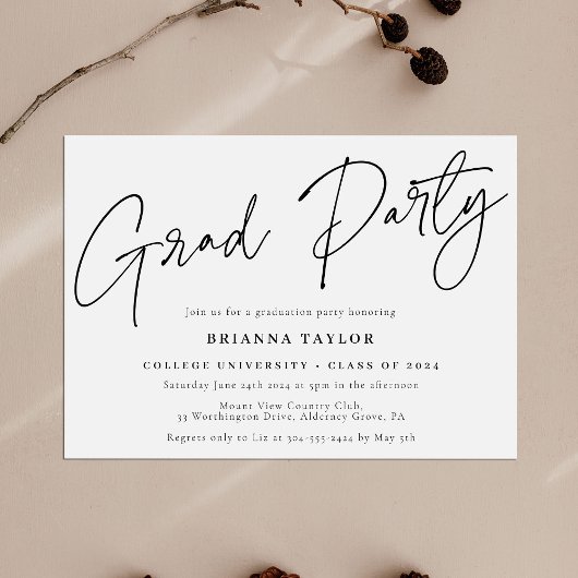 Invitation Simple Chic Script Black White Graduation Party