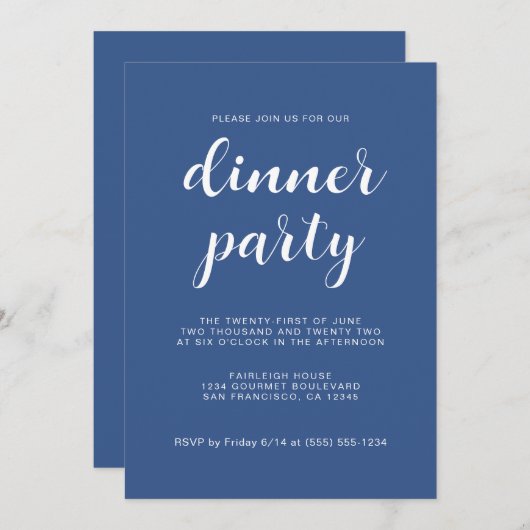 Invitation Simple Chic Script Classic Blue Dinner Party (Devant / Derrière)