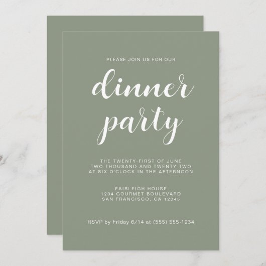 Invitation Simple Chic Script Sage Green Dinner Party (Devant / Derrière)