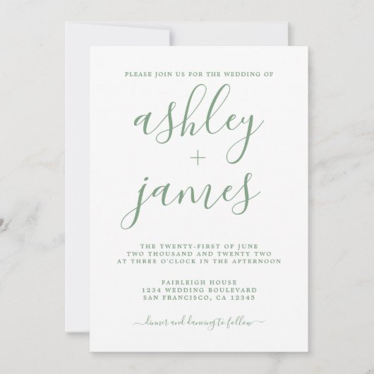 Invitation Simple Chic Vert Blanc Calligraphie Mariage (Devant)