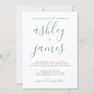 Invitation Simple Chic Vert Blanc Calligraphie Mariage