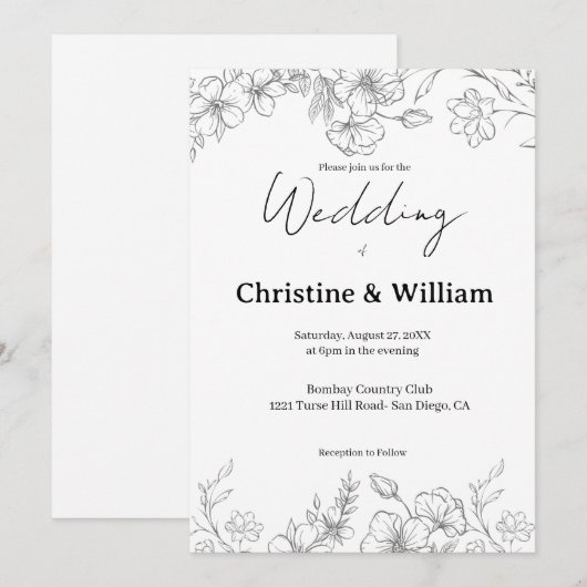 Invitation Simple Classic Black & White Wedding (Devant / Derrière)